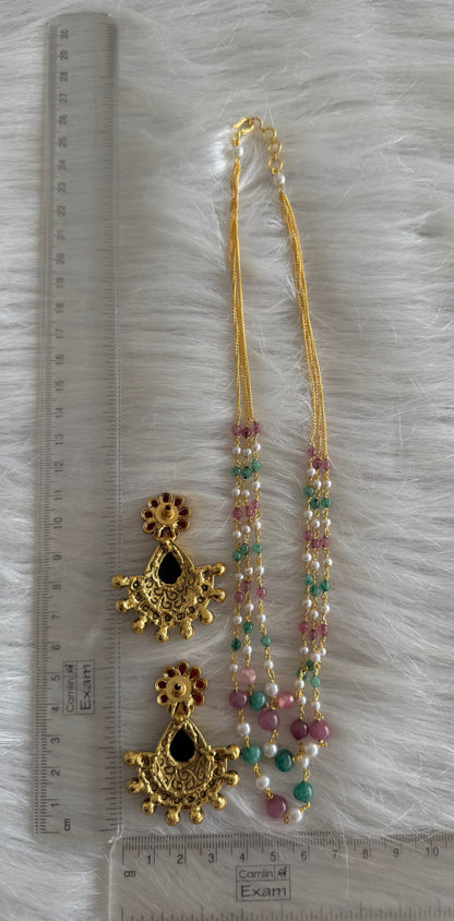 Gold tone pink-green pearl beaded multi layer necklace set dj-51332