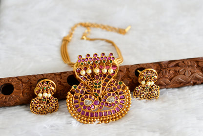 Matte finish kemp-green pearl Kalinga Narthana Krishna pendant necklace set dj-51818