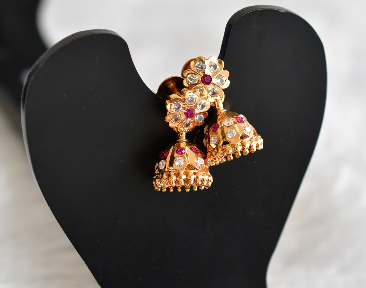 Gold tone AD pink-white flower small jhumkka dj-51892