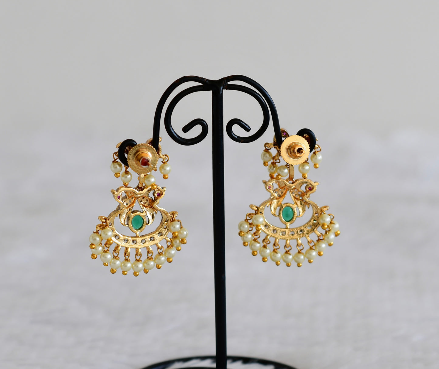 Matte finish pink-green-pearl peacock earrings dj-52561