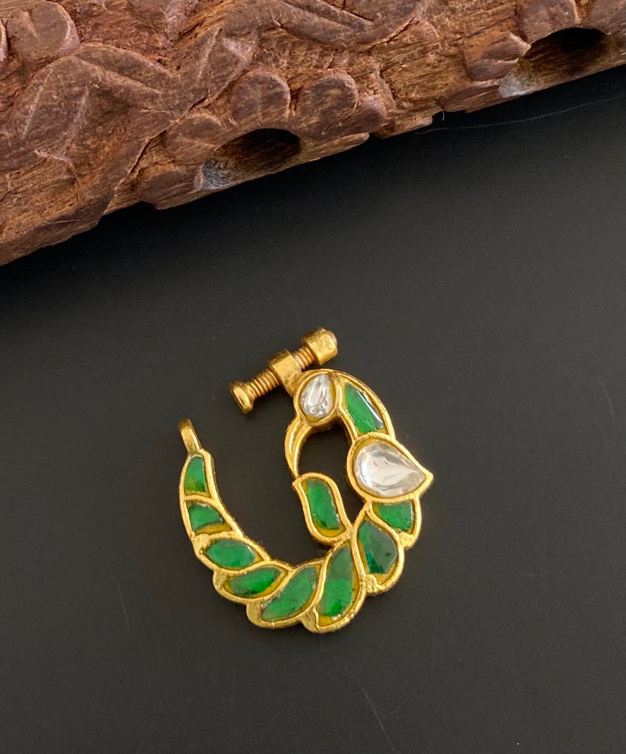 Gold tone kundan jadau white-green peacock nose pin dj-53712