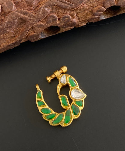 Gold tone kundan jadau white-green peacock nose pin dj-53712