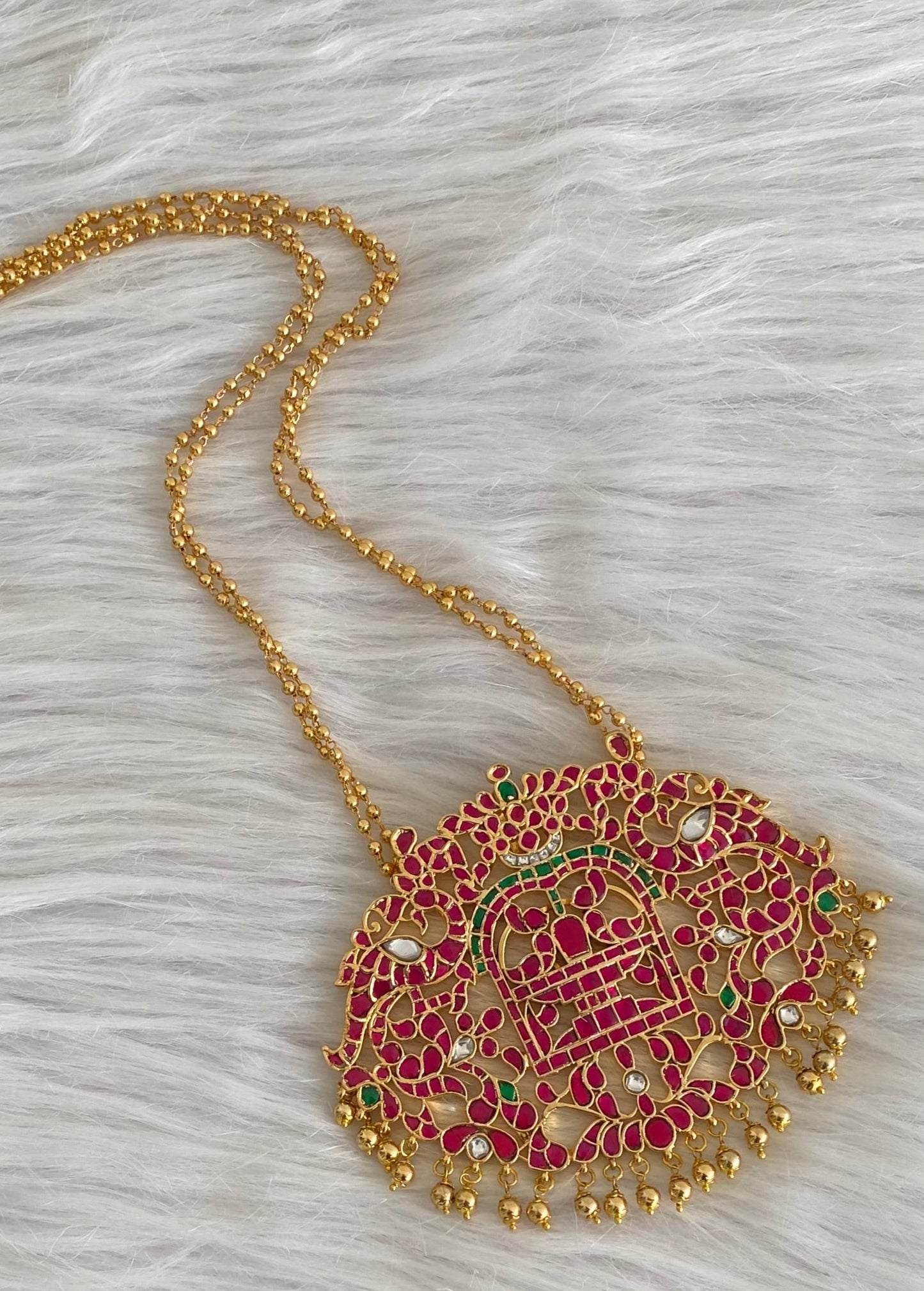 Gold tone pink-green-white kundan jadau big Shivaling peacock haar dj-54196