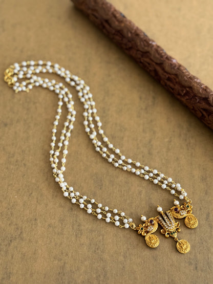 Matte finish kemp-green-white Thirumal nama peacock pearl necklace dj-44422