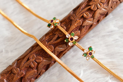 Gold tone AD pink-green-white stone flower mugappu chain dj-51897