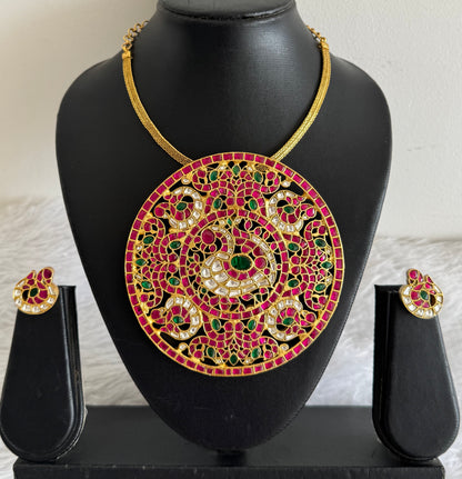 Matte finish pink-green-white kundan jadau huge round peacock necklace set dj-51541