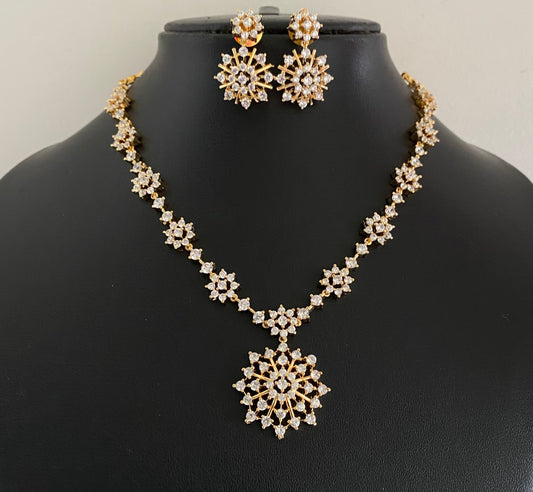 Gold tone cz white stone flower necklace set dj-54341