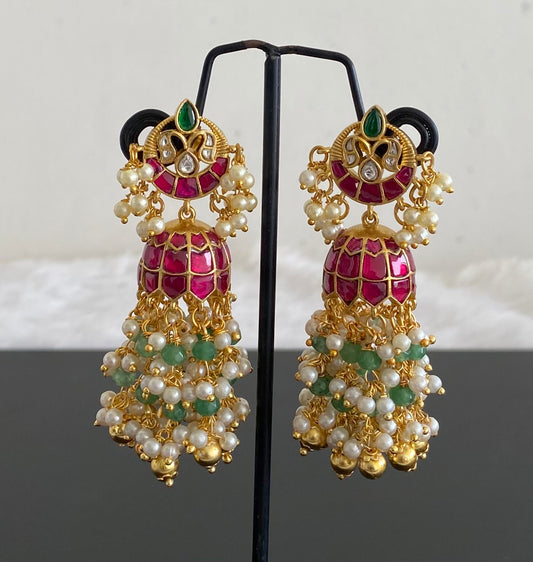 Gold tone pink-white-green stone beaded kundan jadau long jhumkka dj-53588