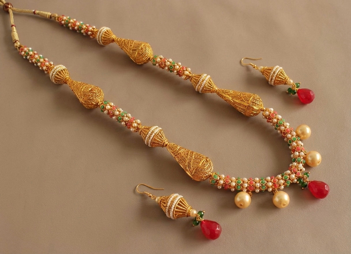 Antique gold tone Ruby-green pearl Necklace Set-dj07124