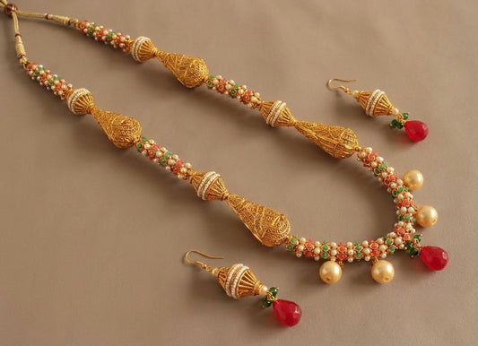 Antique gold tone Ruby-green pearl Necklace Set-dj07124