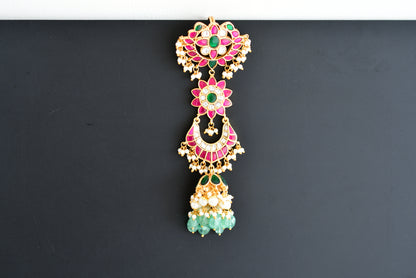 Gold tone pink-green kundan jadau flower hair jewel dj-52378