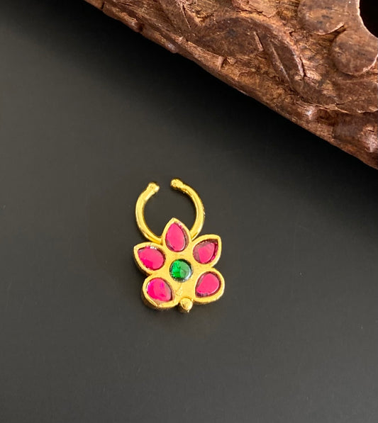 Gold tone kundan jadau pink-green stone flower nose pin/bulakku dj-53777