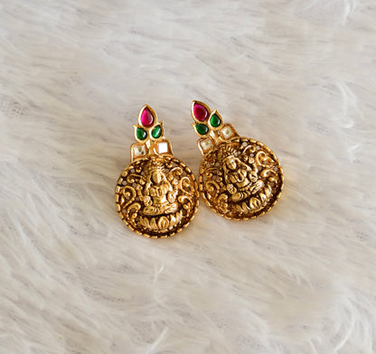 Matte finish pink-green jadau Lakshmi pendant necklace set dj-51822