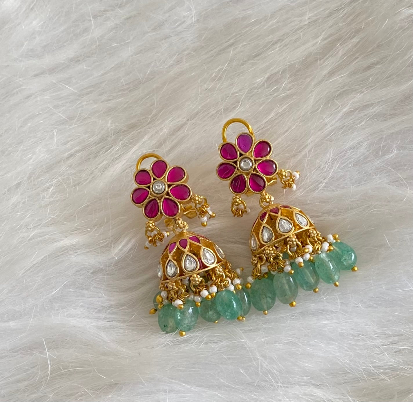 Gold tone kemp-white stone kundan jadau green beaded jhumkka dj-54614