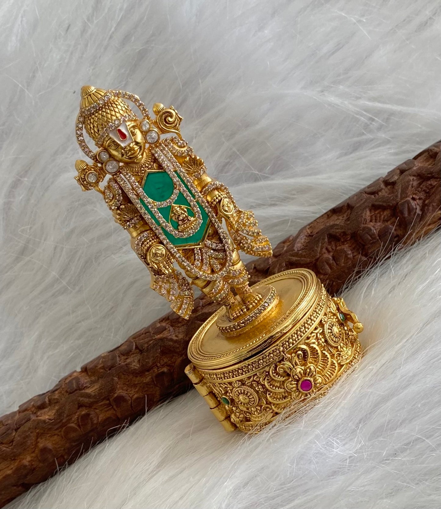 Gold tone pink -green shri thirumal kumkum box dj-54221