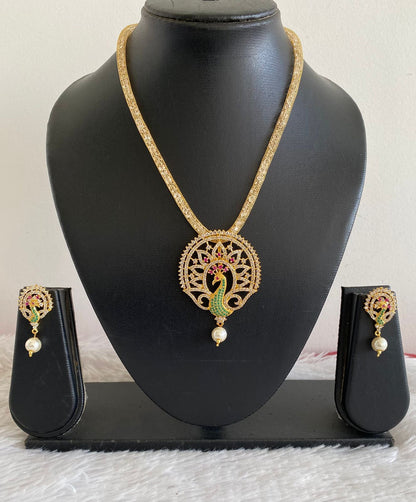 Gold tone Cz ruby-emerald peacock necklace set-dj16545