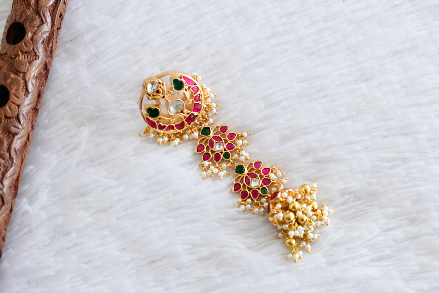 Gold tone pink-green kundan jadau floral hair jewel dj-52377