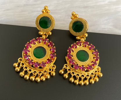 Gold tone round pink-green stone kerala style earrings dj-53122