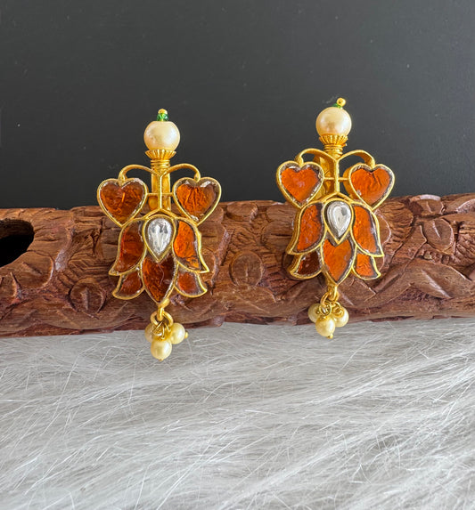 Gold tone brown kundan jadau lotus bugadi earrings dj-51160