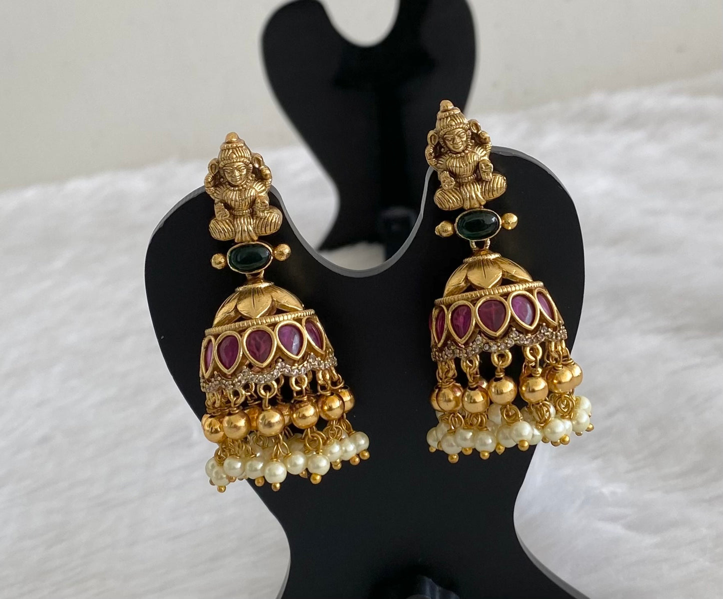 Antique gold tone kemp-green-white pearl lakshmi jhumkka dj-53567