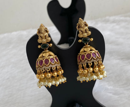 Antique gold tone kemp-green-white pearl lakshmi jhumkka dj-53567