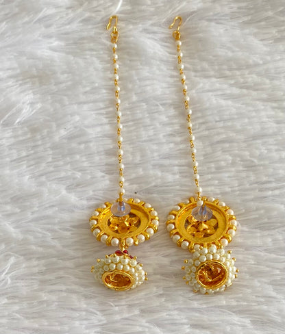 Gold tone kemp-green pearl jhumkka with earrings side chain dj-54373