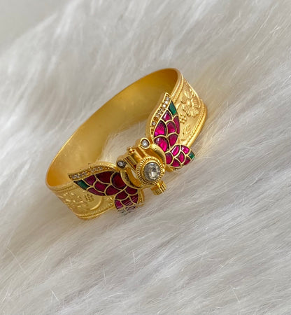 Gold tone pink-green-white Kundan jadau butterfly screw type kada(2.4) dj-54858