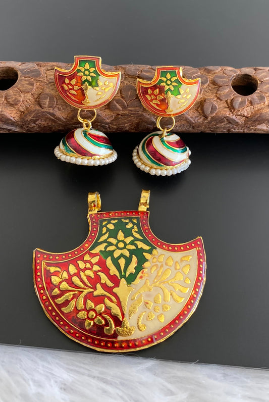 Gold tone meenakari pacchi  pendent set dj-52963