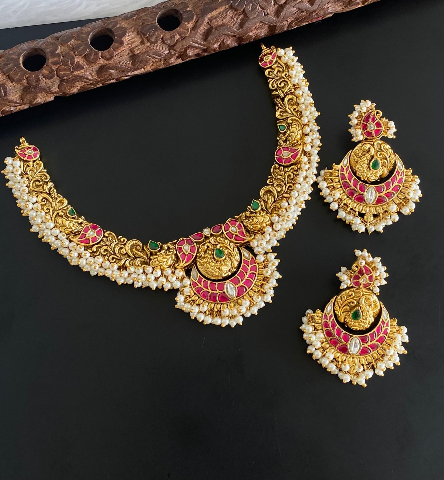 Antique gold tone pink-green-white pearl cluster kundan jadau necklace set dj-54430