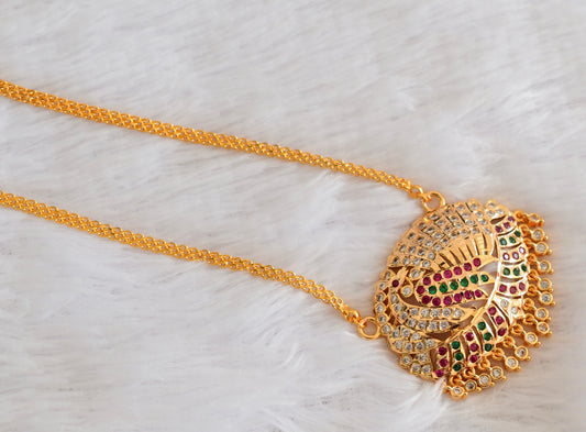 Gold tone AD pink-white-green peacock pendant with chain dj-53319