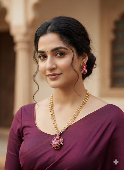 Mate gold tone pink kundan jadau Kalash necklace set Dj-52346