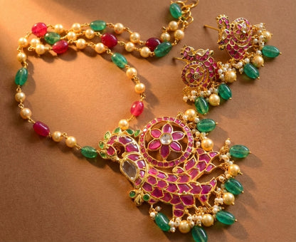 Gold Tone Cz Pink-green Uncut Polki Beaded Necklace Set DJ33712