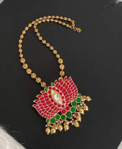 Gold tone pink-green kundan jadau lotus pendant necklace dj-52602