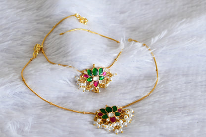 Gold tone pink-white-green lotus kundan jadau anklets dj-52400