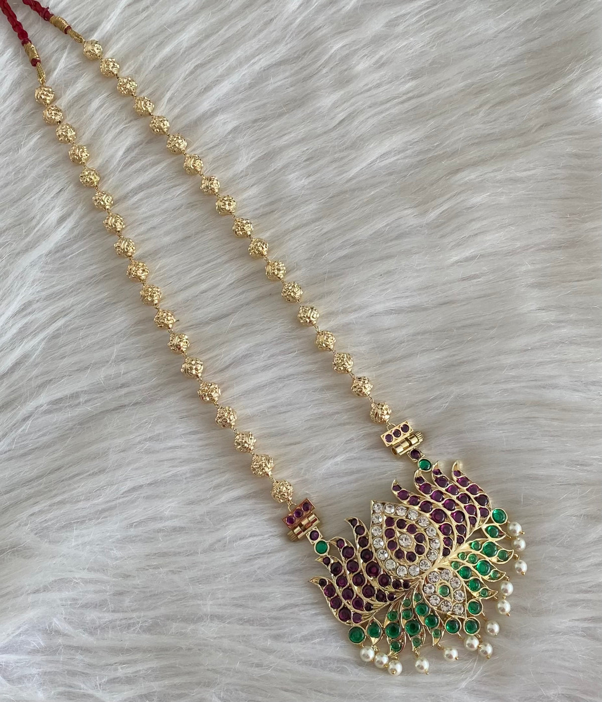 Gold tone precious kemp-green-white lotus nakshi beaded haar dj-54729