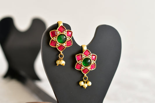 Gold tone pink-green-white kundan jadau flower bugadi earrings dj-52481