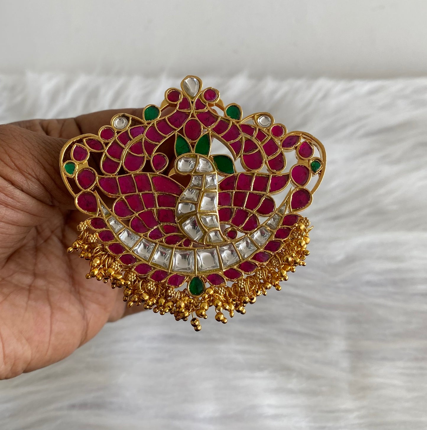 Gold tone pink-green-white kundan jadau peacock pendant dj-54198