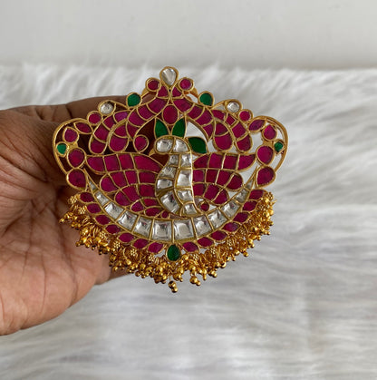 Gold tone pink-green-white kundan jadau peacock pendant dj-54198