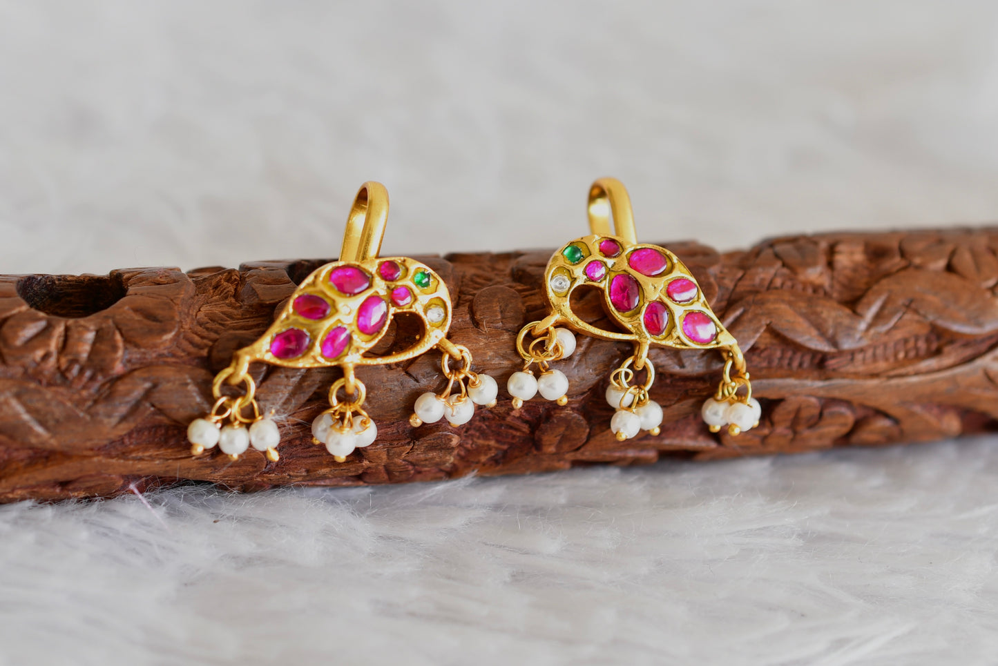 Gold tone pink-green-white kundan jadau peacock bugadi earrings dj-52477