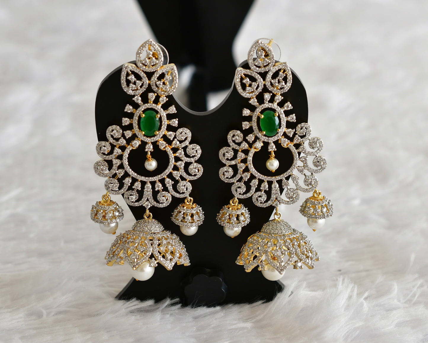 Two tone cz green pearl long bali jhumkka dj-51883