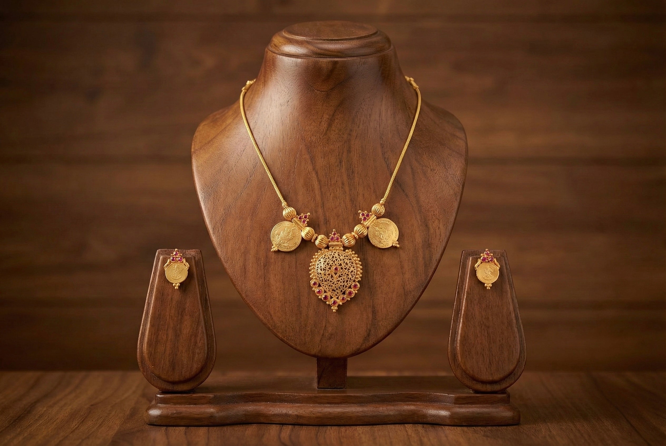 Gold tone kerala style ruby lakshmi coin necklace set dj-52684 – dreamjwell