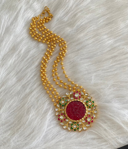 Gold tone red carved stone round jadau flower necklace dj-54518