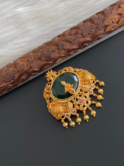 Antique gold tone oval green stone krishna pendant dj-54789