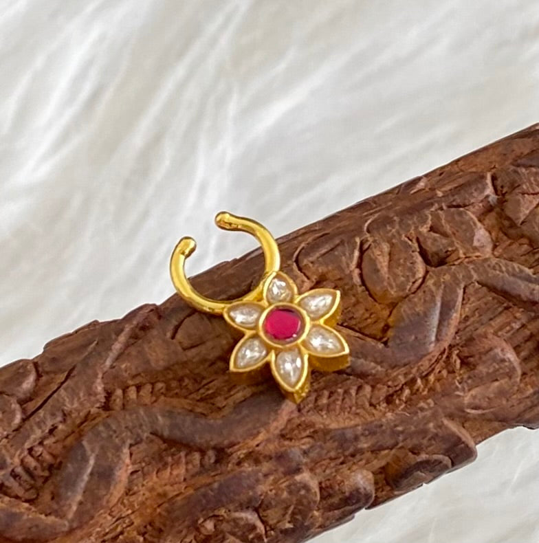 Gold tone kundan jadau white-pink stone flower nose pin/bulakku dj-53773