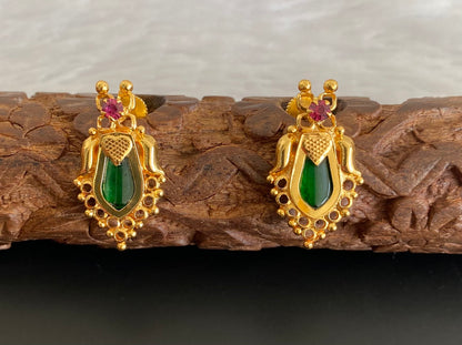 Gold tone pink-green stone nagapadam kerala style stud/earrings dj-53116