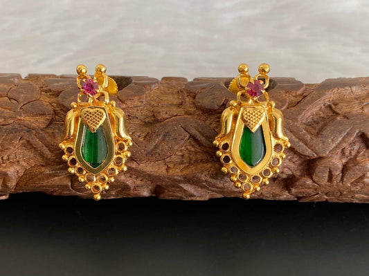Gold tone pink-green stone nagapadam kerala style stud/earrings dj-53116