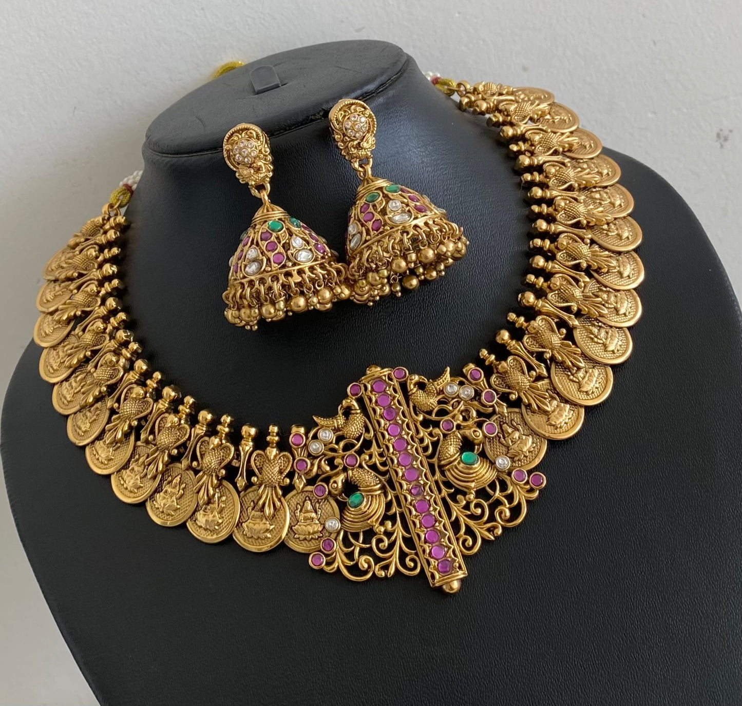 Antique gold tone peacock lakshmi coin necklace set dj-54509