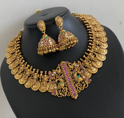 Antique gold tone peacock lakshmi coin necklace set dj-54509