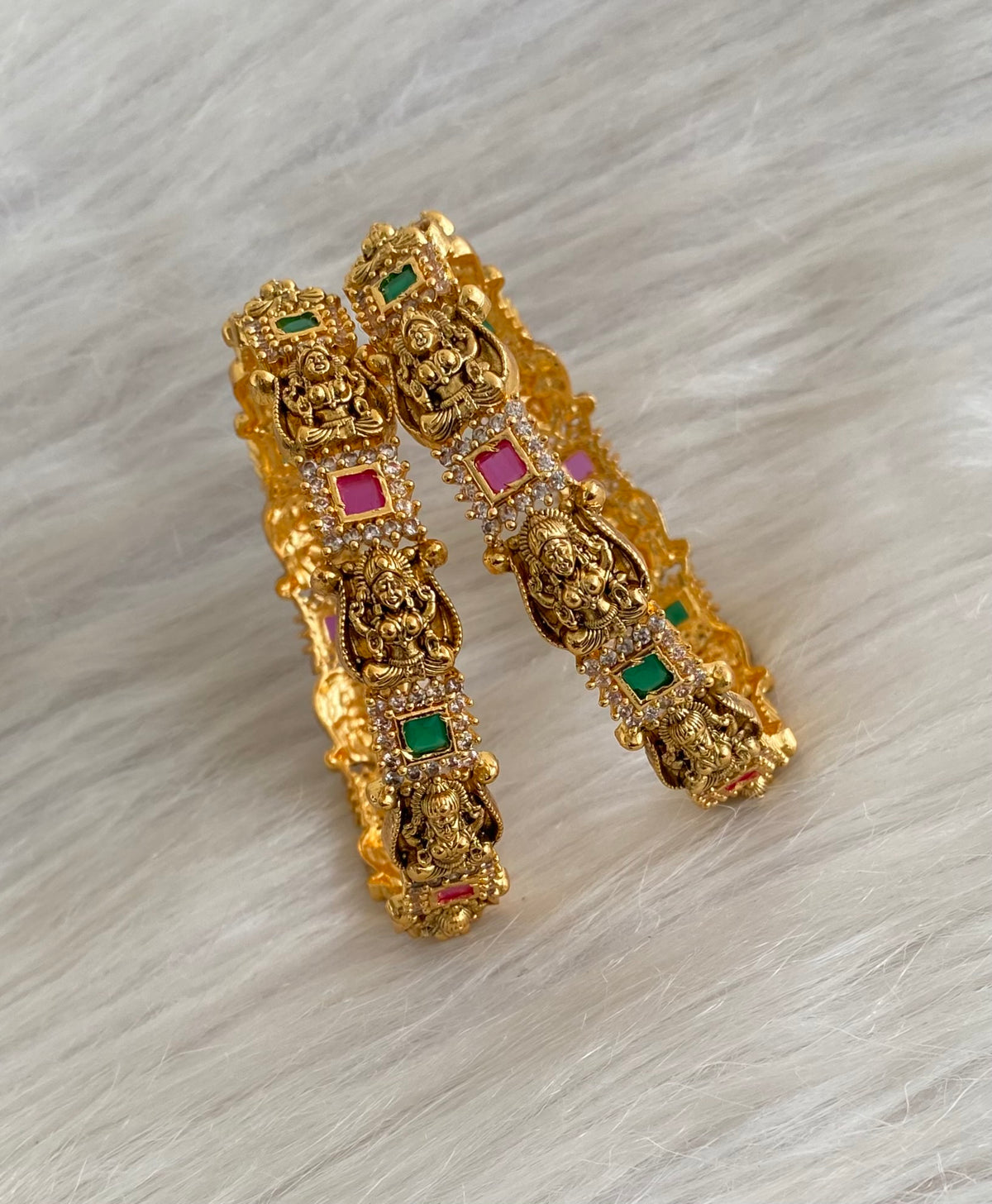 Antique gold tone ruby-green-white square stone lakshmi bangles (2.10) dj-55172