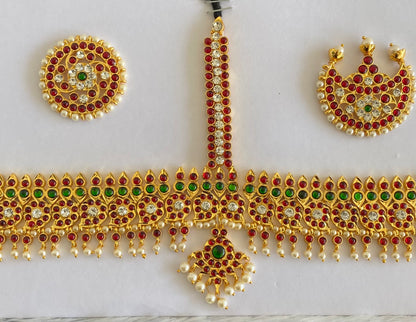 Gold tone kemp-green-white pearl beaded mango tikka dj-53644